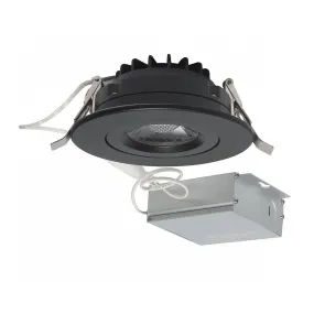 12 Watt LED Direct Wire Downlight; Gimbaled; 4 inch; 3000K; 120 volt; Dimmable; Round; Remote Driver; Black