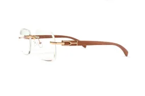 18KT Gold & Brown Wood Eyeglasses, Clear Square Bevel Lenses