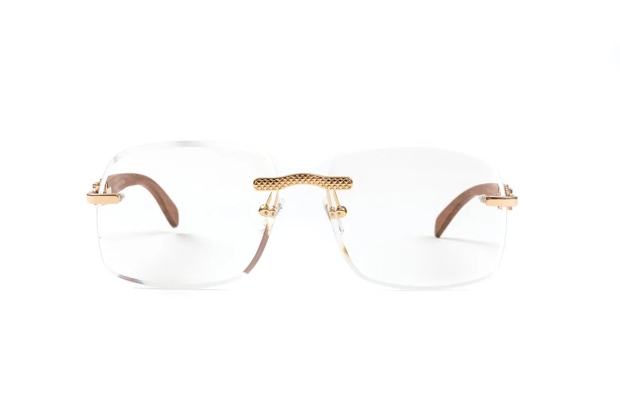 18KT Gold & Brown Wood Eyeglasses, Clear Square Bevel Lenses