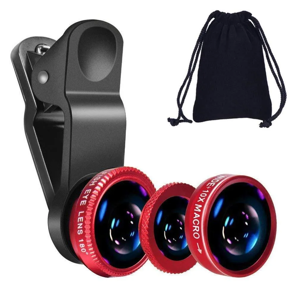 3 in 1 Cell Phone Camera Lens Kit -Fish Eye Lens, 2 in 1 Macro Lens & Wide Angle Lens Compatible for Android/iOS Devices