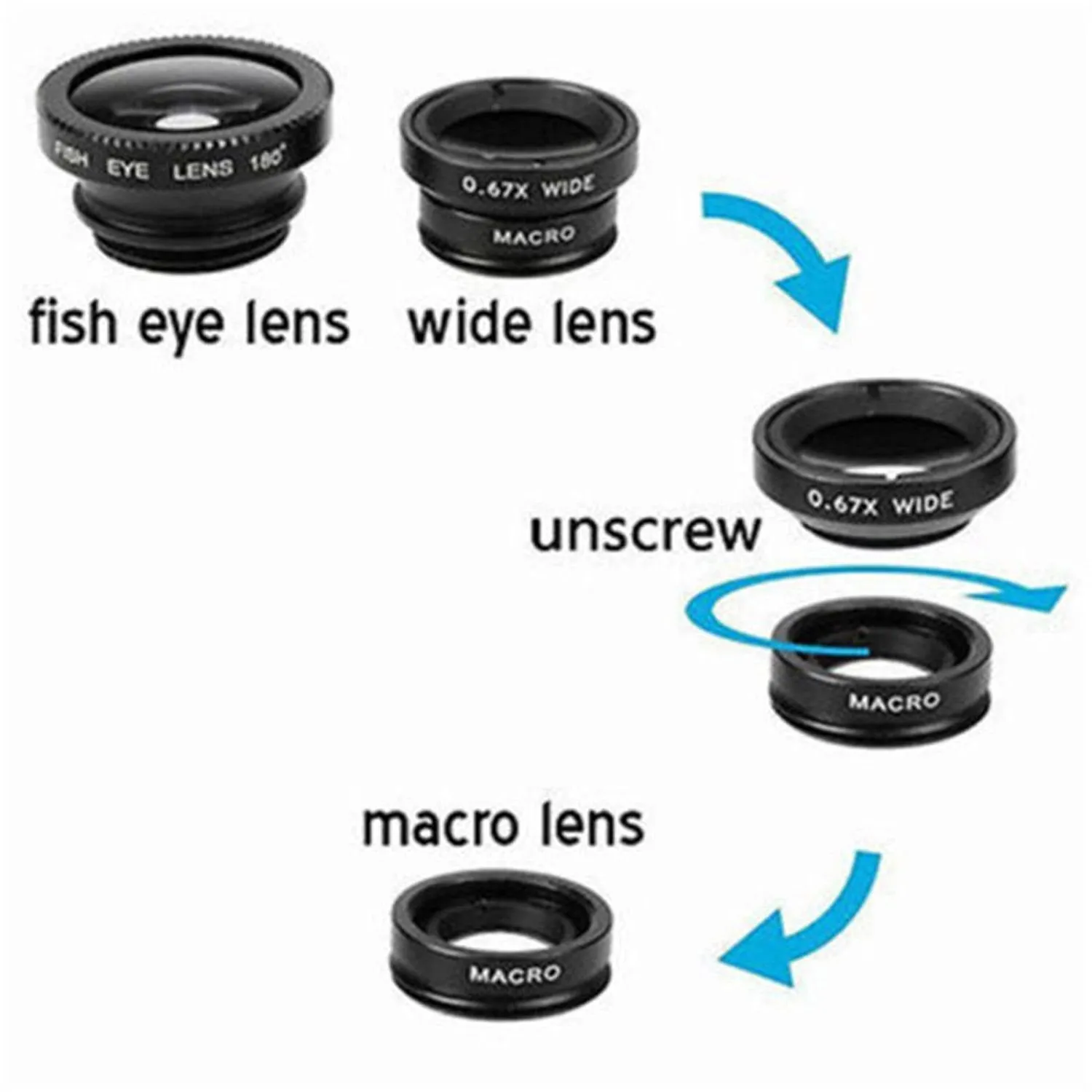 3 in 1 Cell Phone Camera Lens Kit -Fish Eye Lens, 2 in 1 Macro Lens & Wide Angle Lens Compatible for Android/iOS Devices