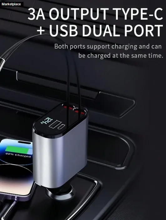 4 in 1 car charger|Premium Retractable 4-in-1 Quick Charge Car Charger