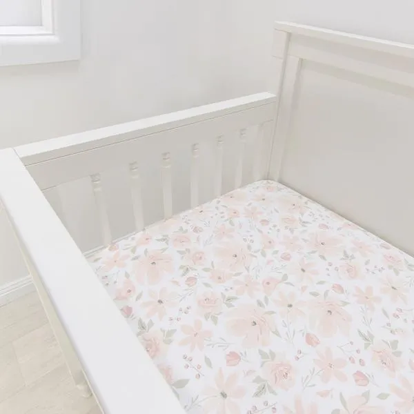 4 piece Meadow Blush Floral Cot Comforter Nursery Set & Bonus Emma Rattle