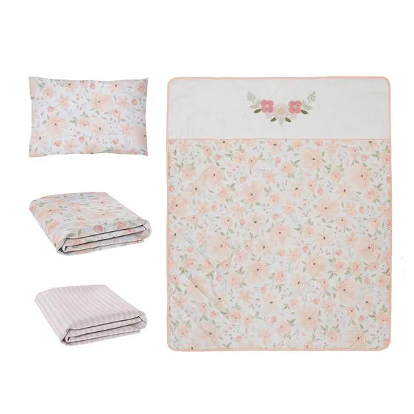 4 piece Meadow Blush Floral Cot Comforter Nursery Set & Bonus Emma Rattle