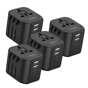 4PACK Travel Adapter Worldwide All in One Universal Wall AC Wall Charger Dual USB Ports Phone Laptop Black