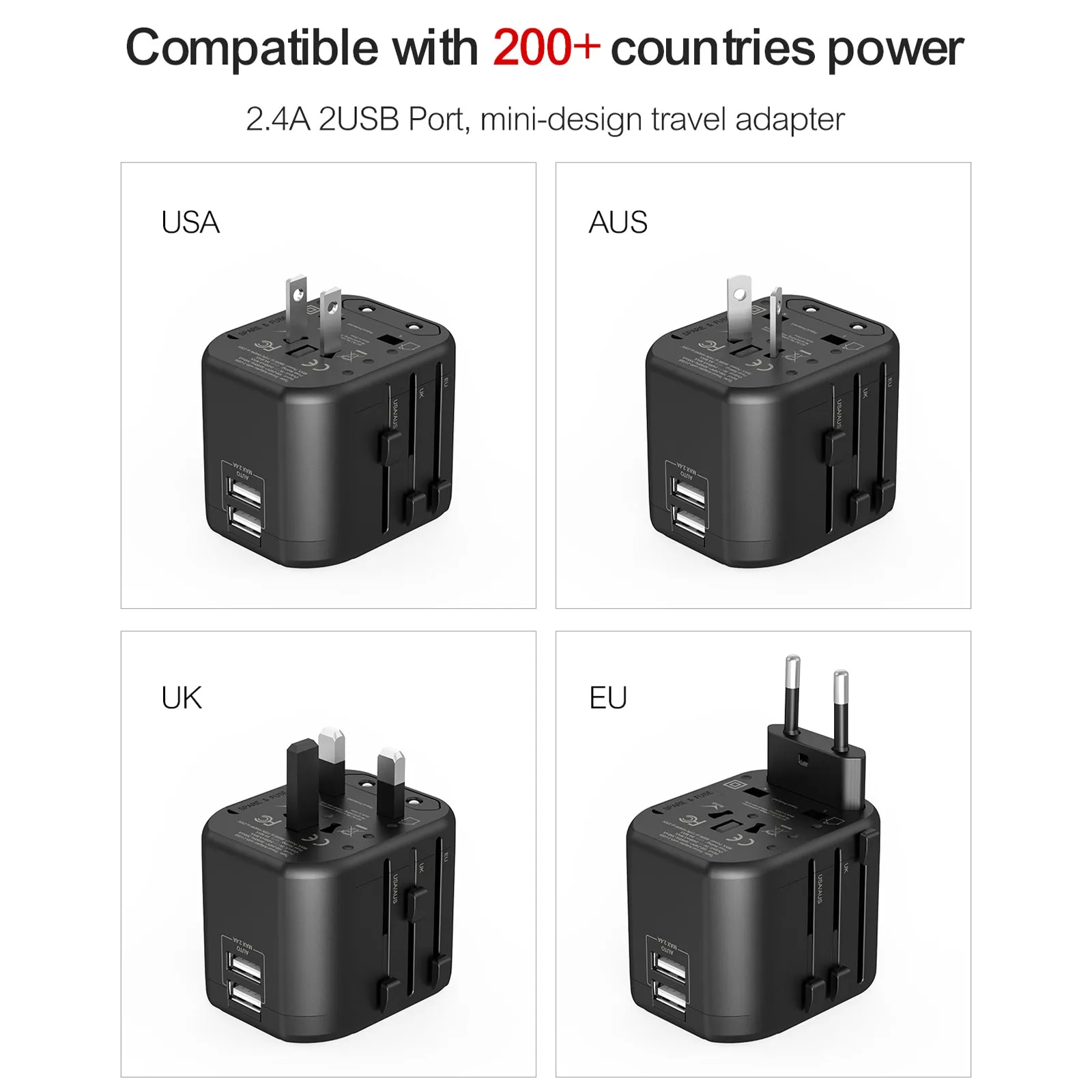 4PACK Travel Adapter Worldwide All in One Universal Wall AC Wall Charger Dual USB Ports Phone Laptop Black