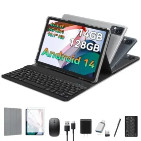 Android 14 Tablet 10.1 Inch Incell Large Screen, 2024 Newest 4G Cellular Tablet with Keyboard 14GB RAM(8 6 Virtual) 128GB ROM 1TB, 2 in 1 Octa-Core Tablet 5G WIFI 8000mAh Battery, Bluetooth/Mouse/Case