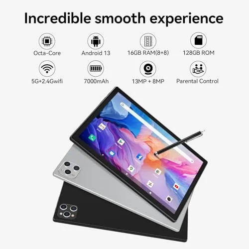 Android Tablet 10 Inch, 2024 Newest Android 13 Tablet, 128GB Storage 16GB RAM (8 8Virtual), Octa-Core Processor, 5G WiFi Tablet, 2 in 1 Tablet with Keyboard and Case, 13MP 8MP Dual Camera, GPS, Black