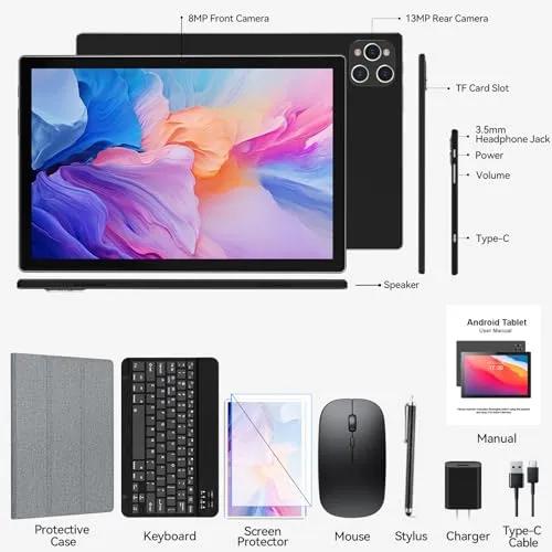 Android Tablet 10 Inch, 2024 Newest Android 13 Tablet, 128GB Storage 16GB RAM (8 8Virtual), Octa-Core Processor, 5G WiFi Tablet, 2 in 1 Tablet with Keyboard and Case, 13MP 8MP Dual Camera, GPS, Black