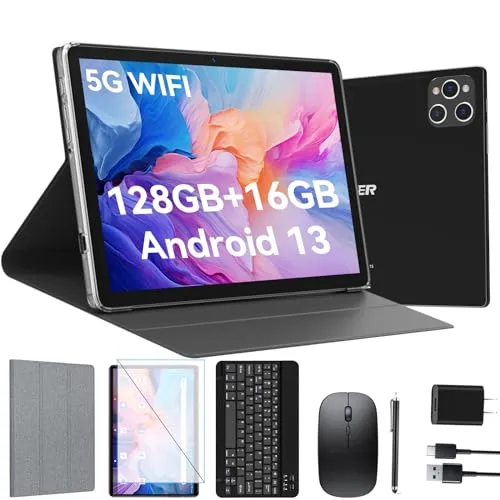 Android Tablet 10 Inch, 2024 Newest Android 13 Tablet, 128GB Storage 16GB RAM (8 8Virtual), Octa-Core Processor, 5G WiFi Tablet, 2 in 1 Tablet with Keyboard and Case, 13MP 8MP Dual Camera, GPS, Black