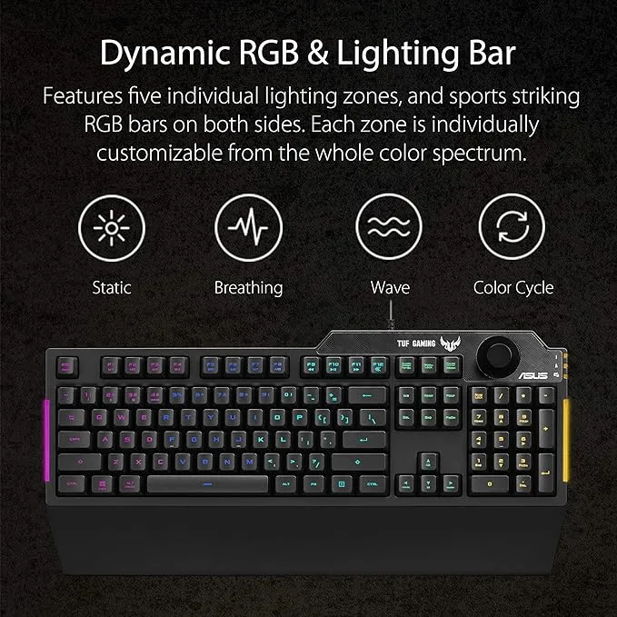 ASUS TUF K1 Gaming Keyboard - Programmable, RGB Lighting, Volume Knob, Detachable Wrist Rest, Spill-Resistant, Durable - Black