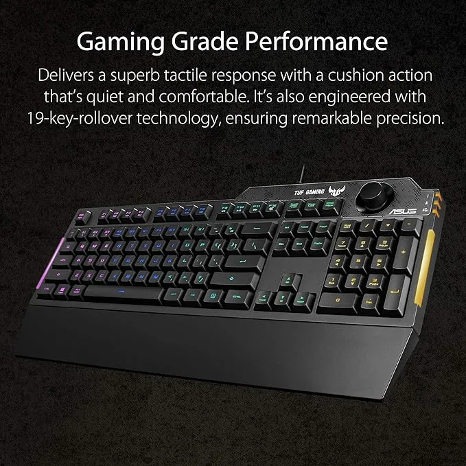 ASUS TUF K1 Gaming Keyboard - Programmable, RGB Lighting, Volume Knob, Detachable Wrist Rest, Spill-Resistant, Durable - Black