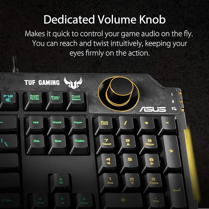 ASUS TUF K1 Gaming Keyboard - Programmable, RGB Lighting, Volume Knob, Detachable Wrist Rest, Spill-Resistant, Durable - Black