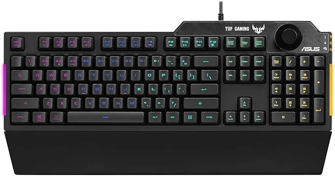 ASUS TUF K1 Gaming Keyboard - Programmable, RGB Lighting, Volume Knob, Detachable Wrist Rest, Spill-Resistant, Durable - Black