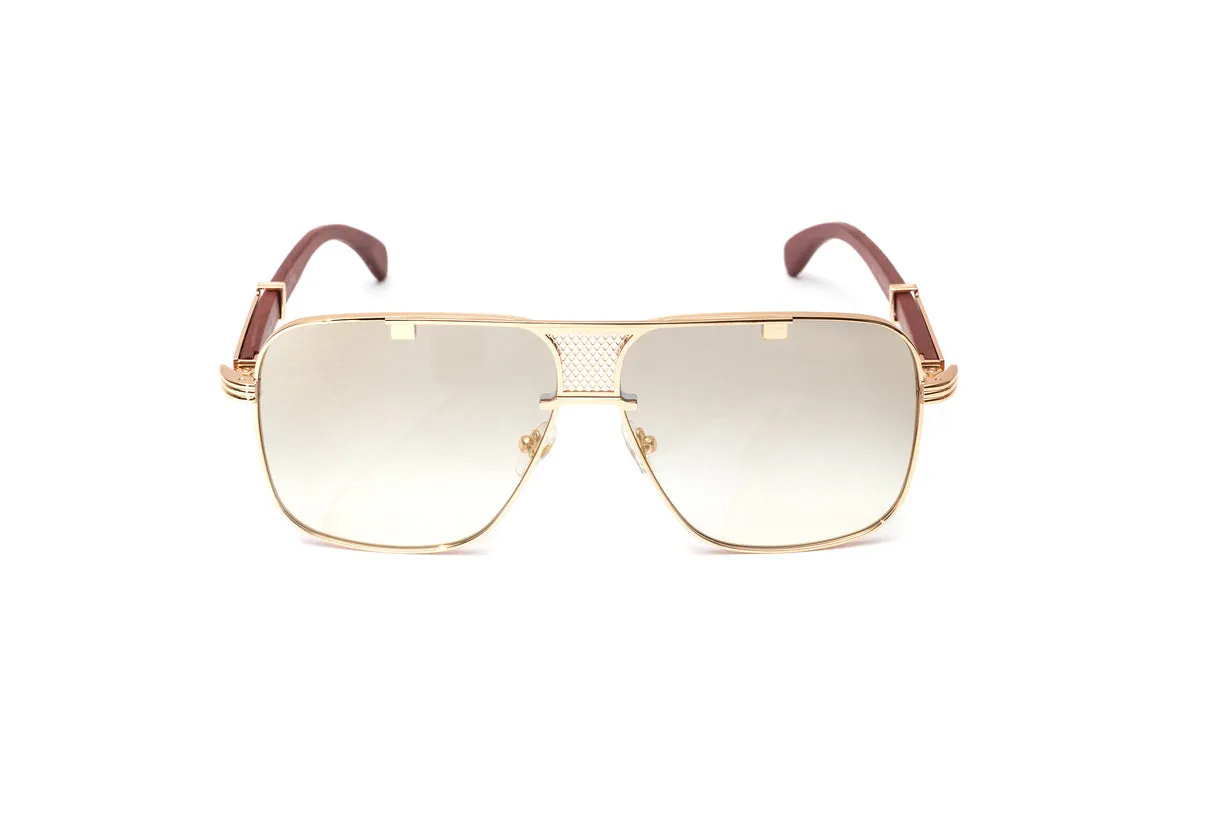 BRIGADE 18KT Rose Gold & Brown Wood Navigator Sunglasses, Gradient Grey   White Gold Mirror Lenses