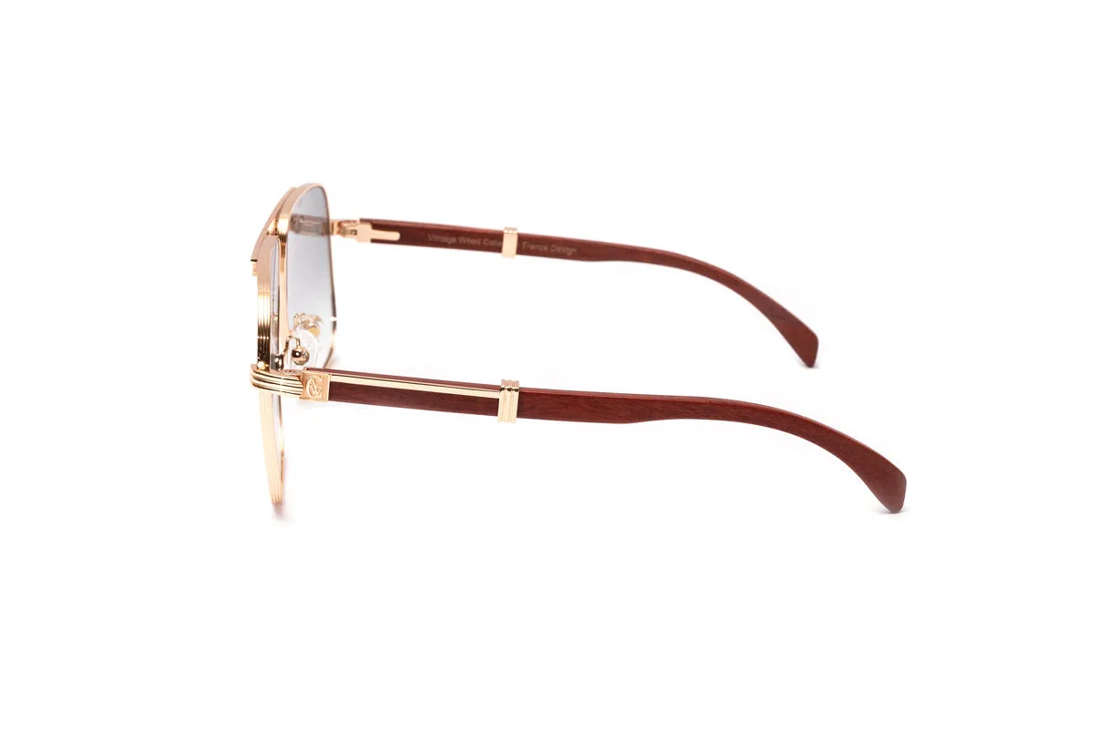 BRIGADE 18KT Rose Gold & Brown Wood Navigator Sunglasses, Gradient Grey   White Gold Mirror Lenses