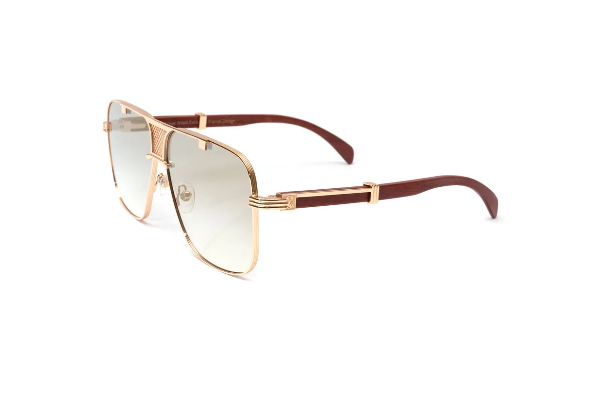 BRIGADE 18KT Rose Gold & Brown Wood Navigator Sunglasses, Gradient Grey   White Gold Mirror Lenses