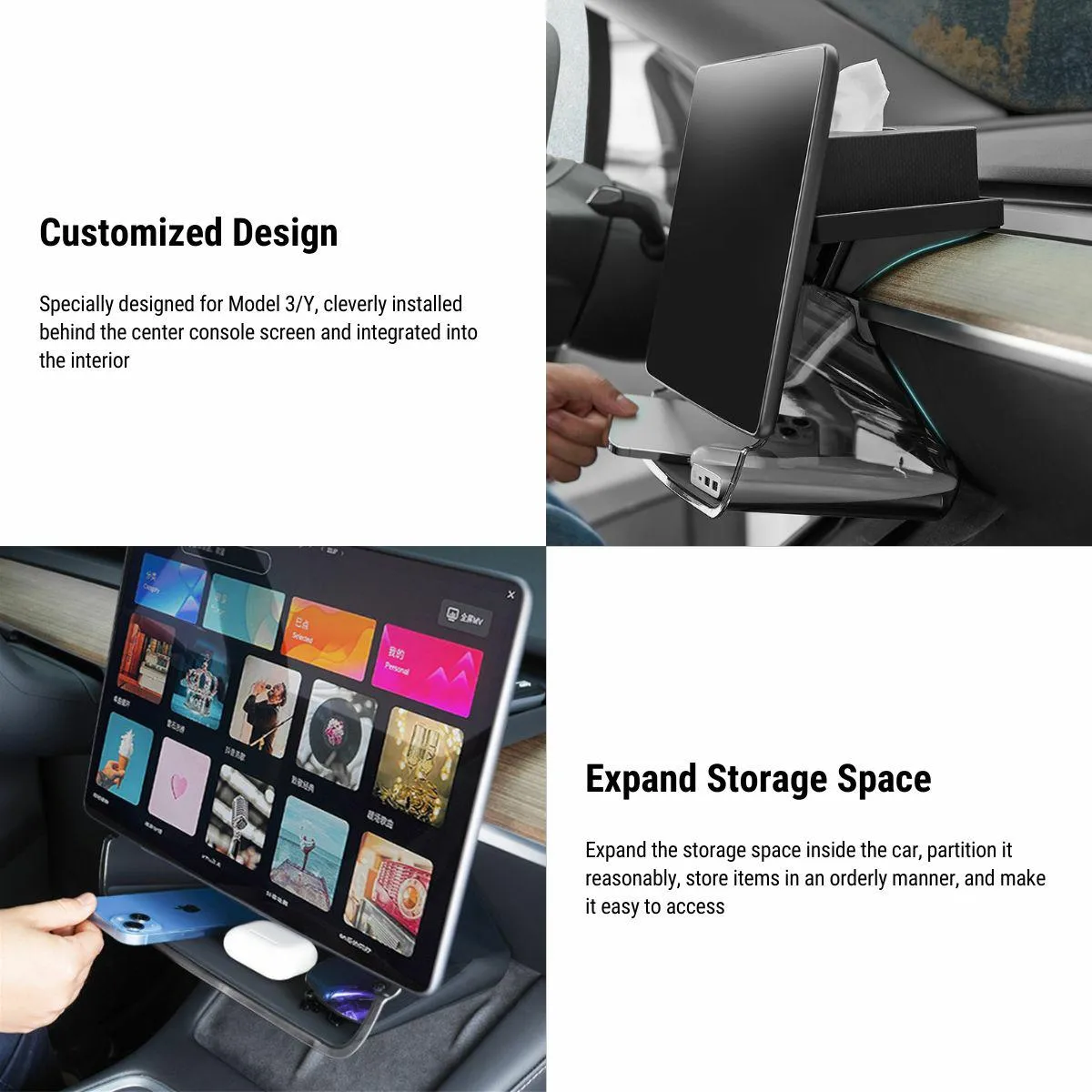 Center Console Organizer Under Screen Storage for Tesla Model 3 & Model Y