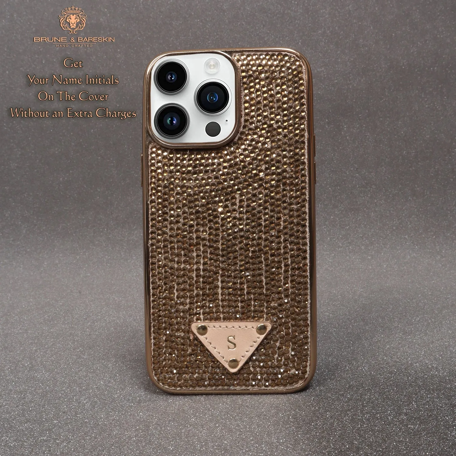 Customized Embossed Initial on Black And Golden Swarovski Crystal Zardosi Apple iPhone Series Mobile Cover By Brune & Bareskin