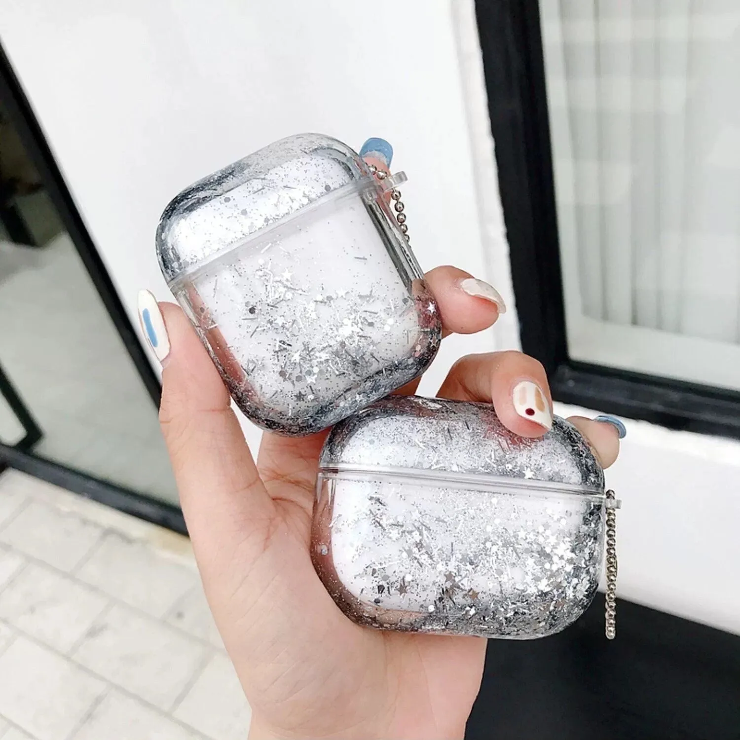 Cute Liquid Glitter Plastic Protective Cover AirPods Case   Silver Chain Strap for AirPods 1 2 3 Pro 2 Generation Shockproof AirPods Case