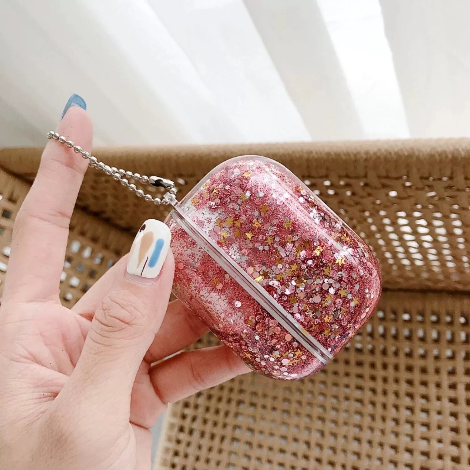 Cute Liquid Glitter Plastic Protective Cover AirPods Case   Silver Chain Strap for AirPods 1 2 3 Pro 2 Generation Shockproof AirPods Case