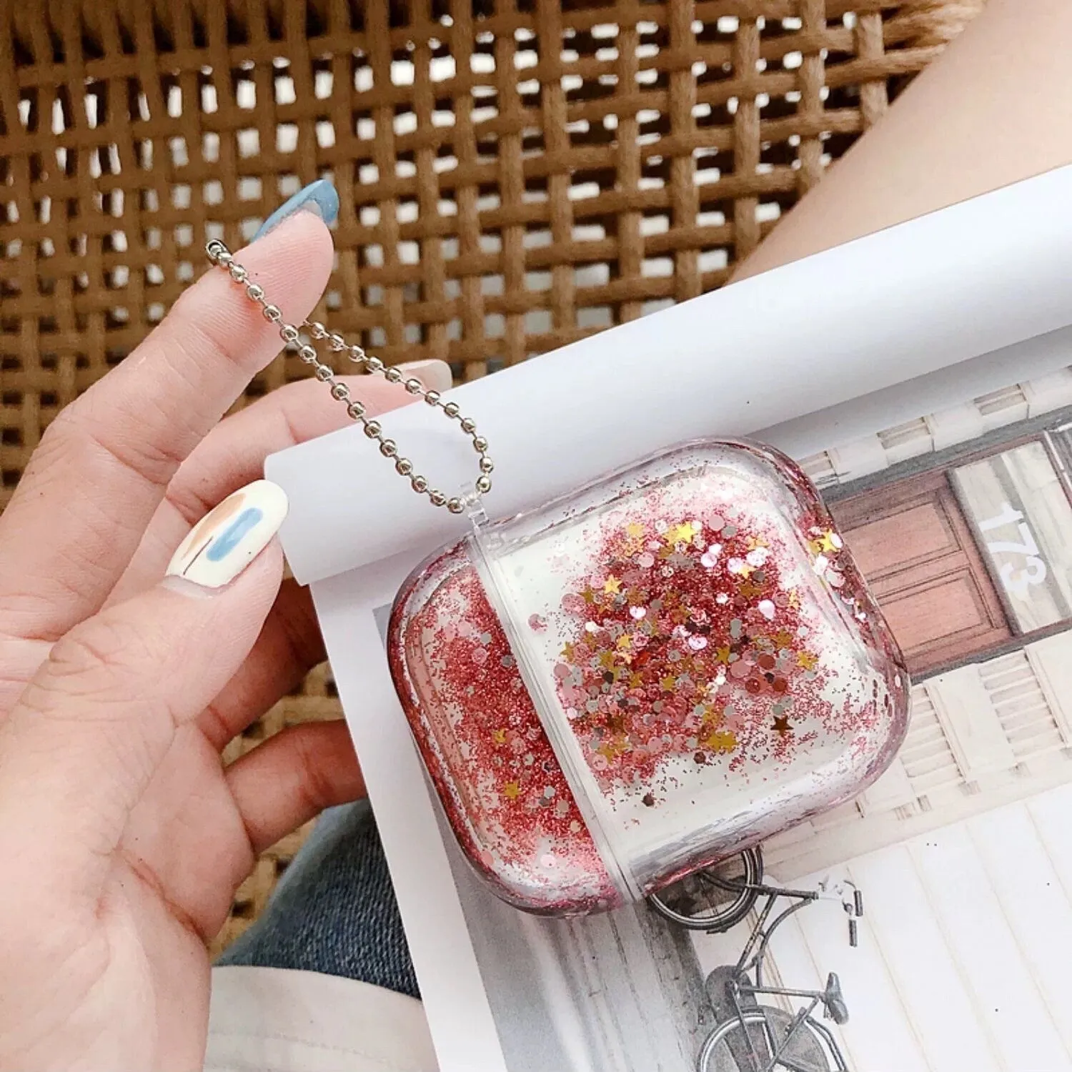 Cute Liquid Glitter Plastic Protective Cover AirPods Case   Silver Chain Strap for AirPods 1 2 3 Pro 2 Generation Shockproof AirPods Case