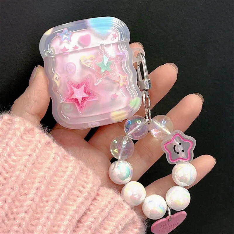 Cute Star Print Wave Shaped Protective Cover AirPods Case   Beaded Hand Strap for AirPods 1 2 3 Pro 2 Generation Shockproof AirPods Case