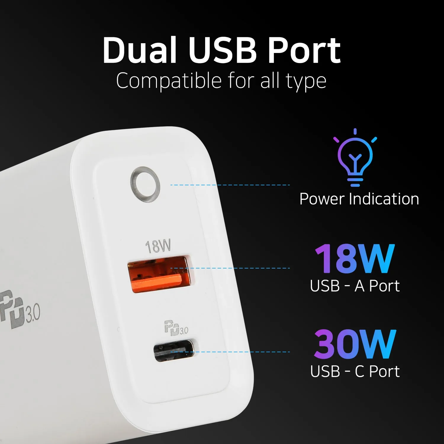 [Dome Charger] 30W Charger Fast Charging PD QC 3.0 Adapter with Foldable Plug - Dual Ports USB C USB A