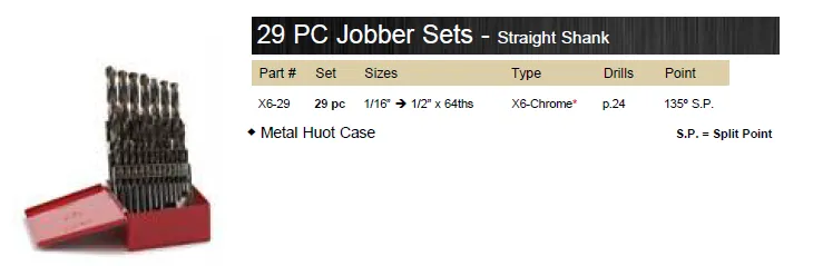 DRILL BIT SET JOBBER X6-CHROME 135° 29 PIECE WITH METAL CASE