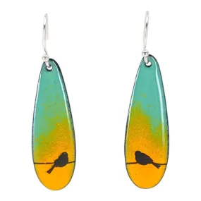 Earrings - Long Teardrop Birds on Orange and Blue Background by Magpie Mouse Studios