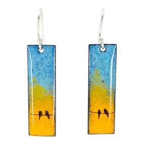 Earrings - Slim Rectangle Bird Pair on Orange and Blue Background by Magpie Mouse Studios