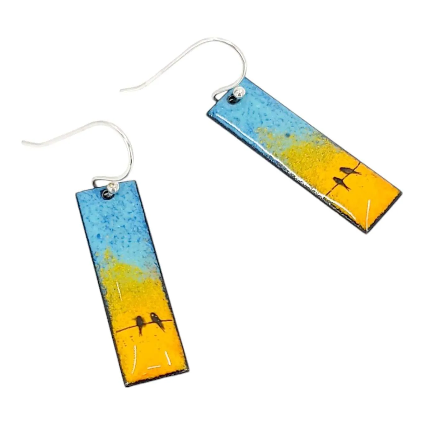 Earrings - Slim Rectangle Bird Pair on Orange and Blue Background by Magpie Mouse Studios