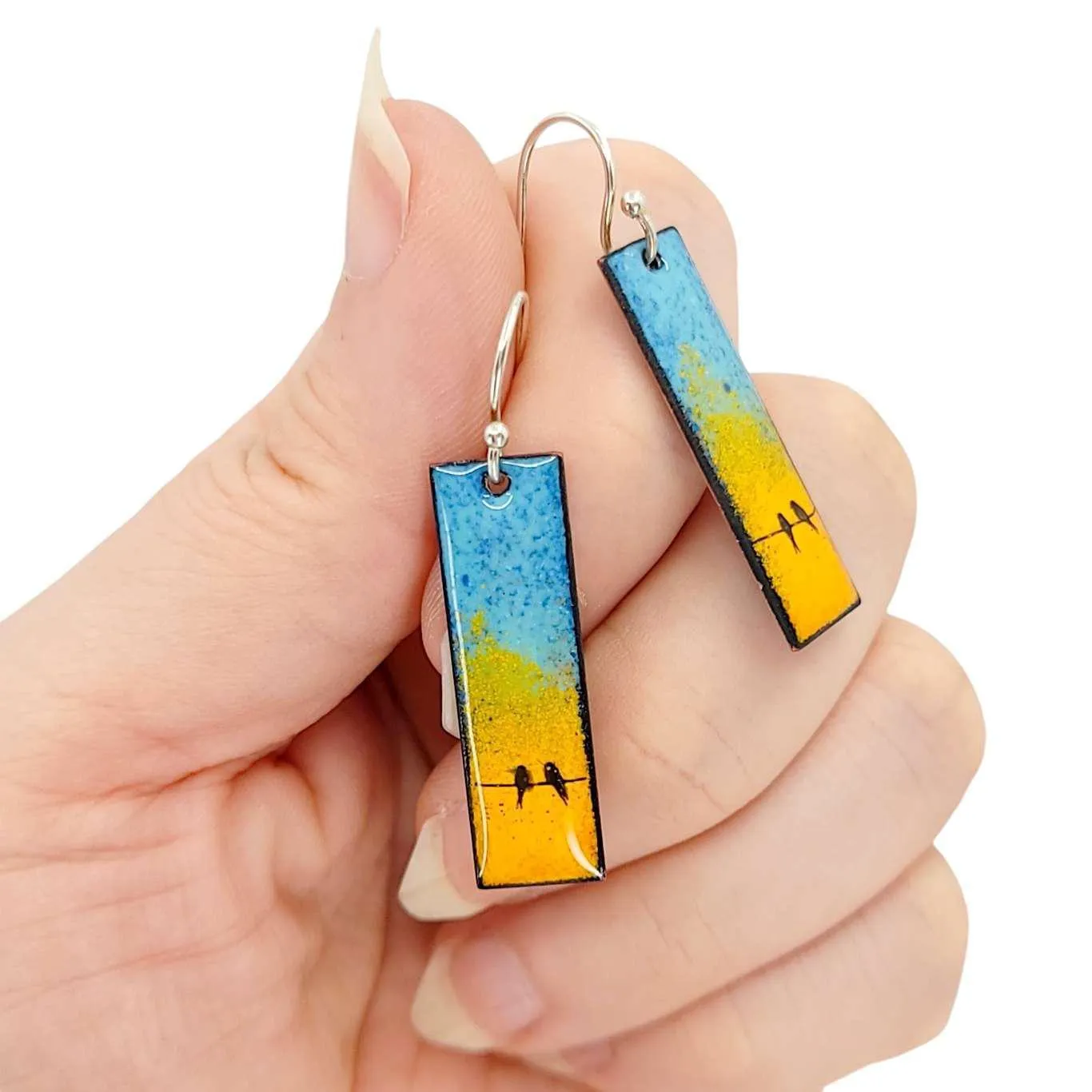 Earrings - Slim Rectangle Bird Pair on Orange and Blue Background by Magpie Mouse Studios