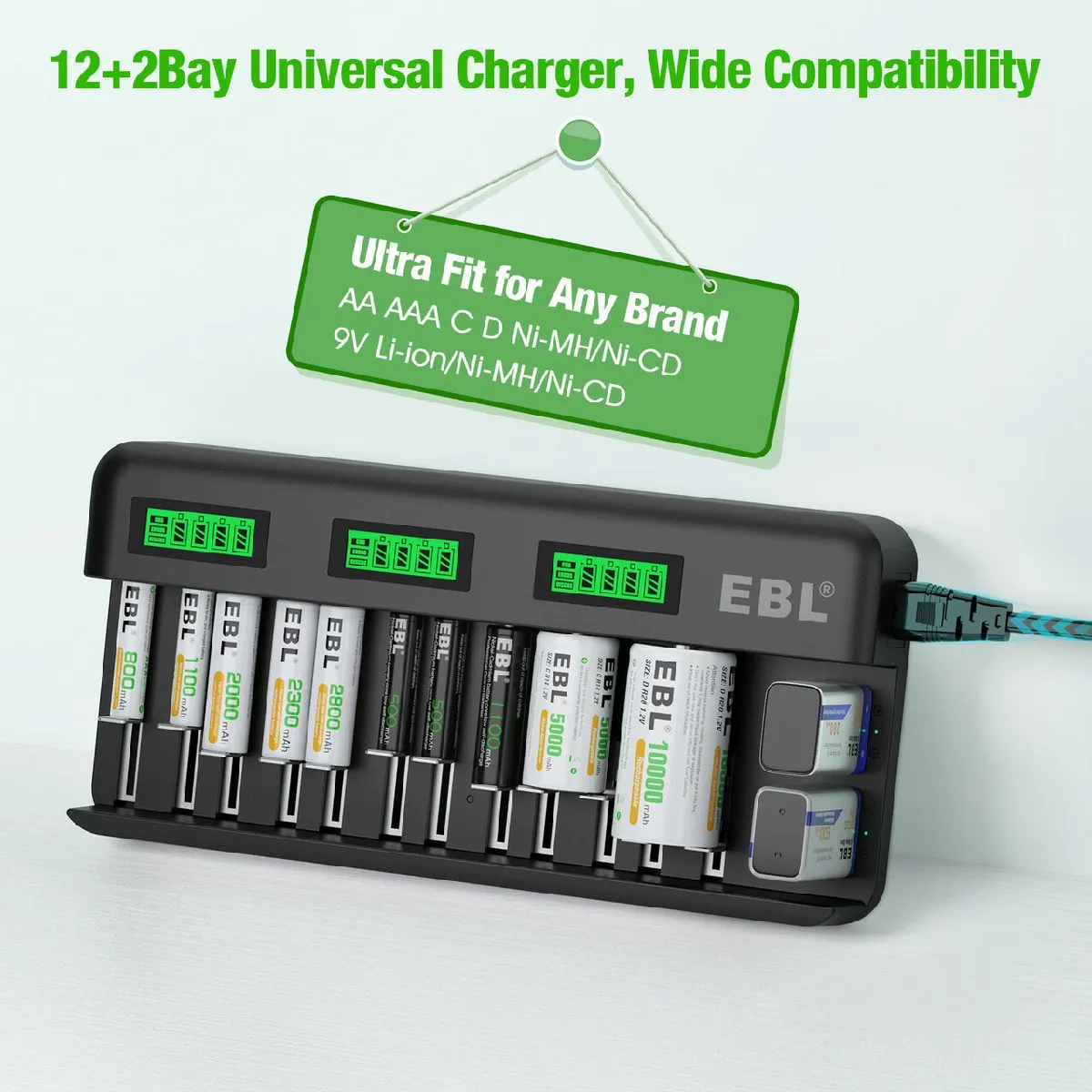 EBL 12 2 Bay Universal Battery Charger and AA AAA C D 9V Rechargeable Batteries