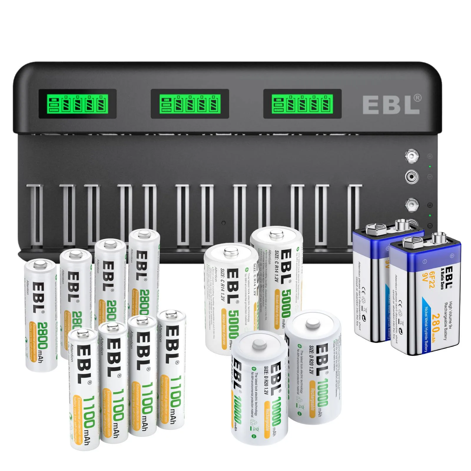 EBL 12 2 Bay Universal Battery Charger and AA AAA C D 9V Rechargeable Batteries