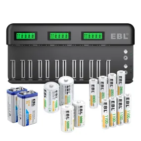 EBL 12 2 Bay Universal Battery Charger and AA AAA C D 9V Rechargeable Batteries