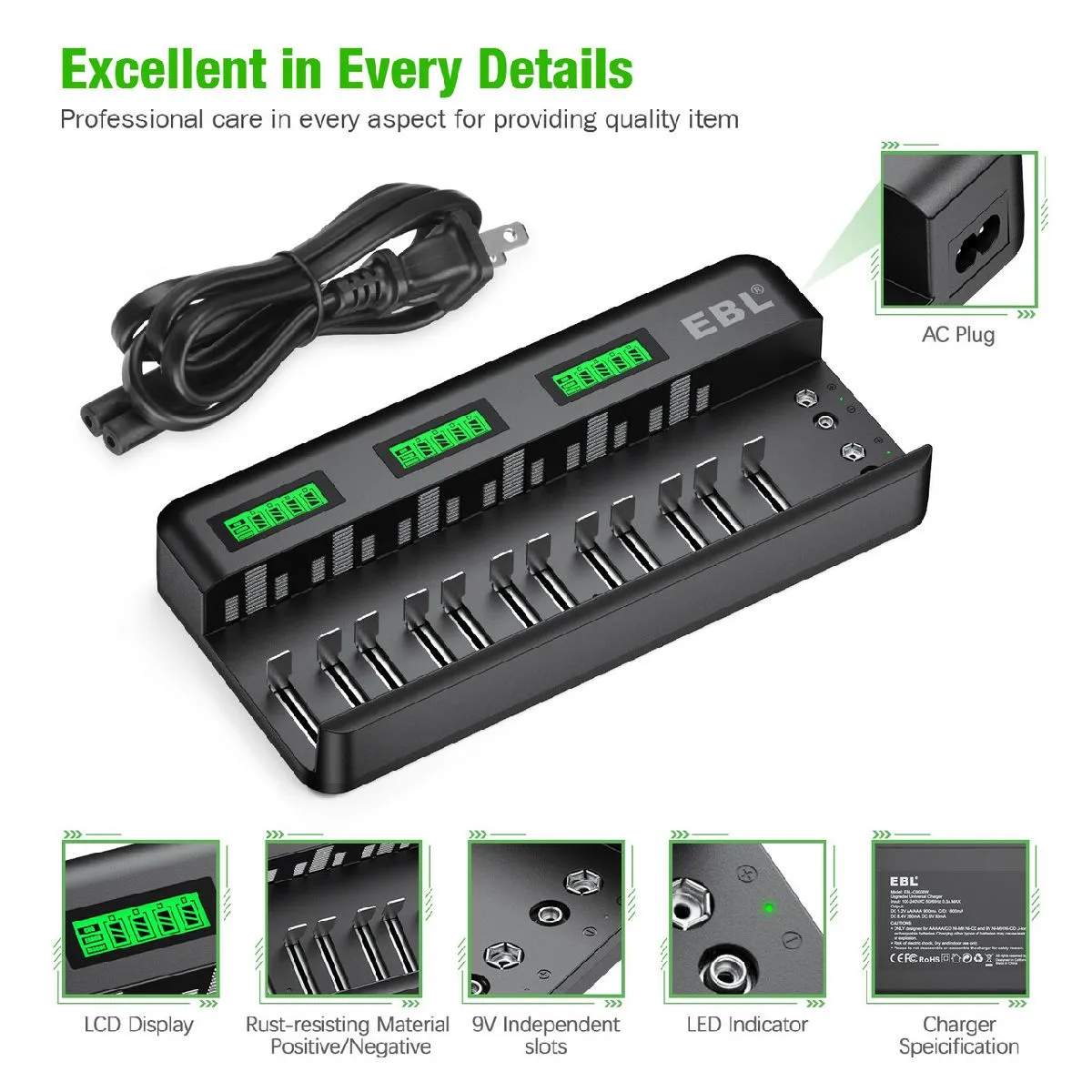 EBL 12 2 Bay Universal Battery Charger and AA AAA C D 9V Rechargeable Batteries