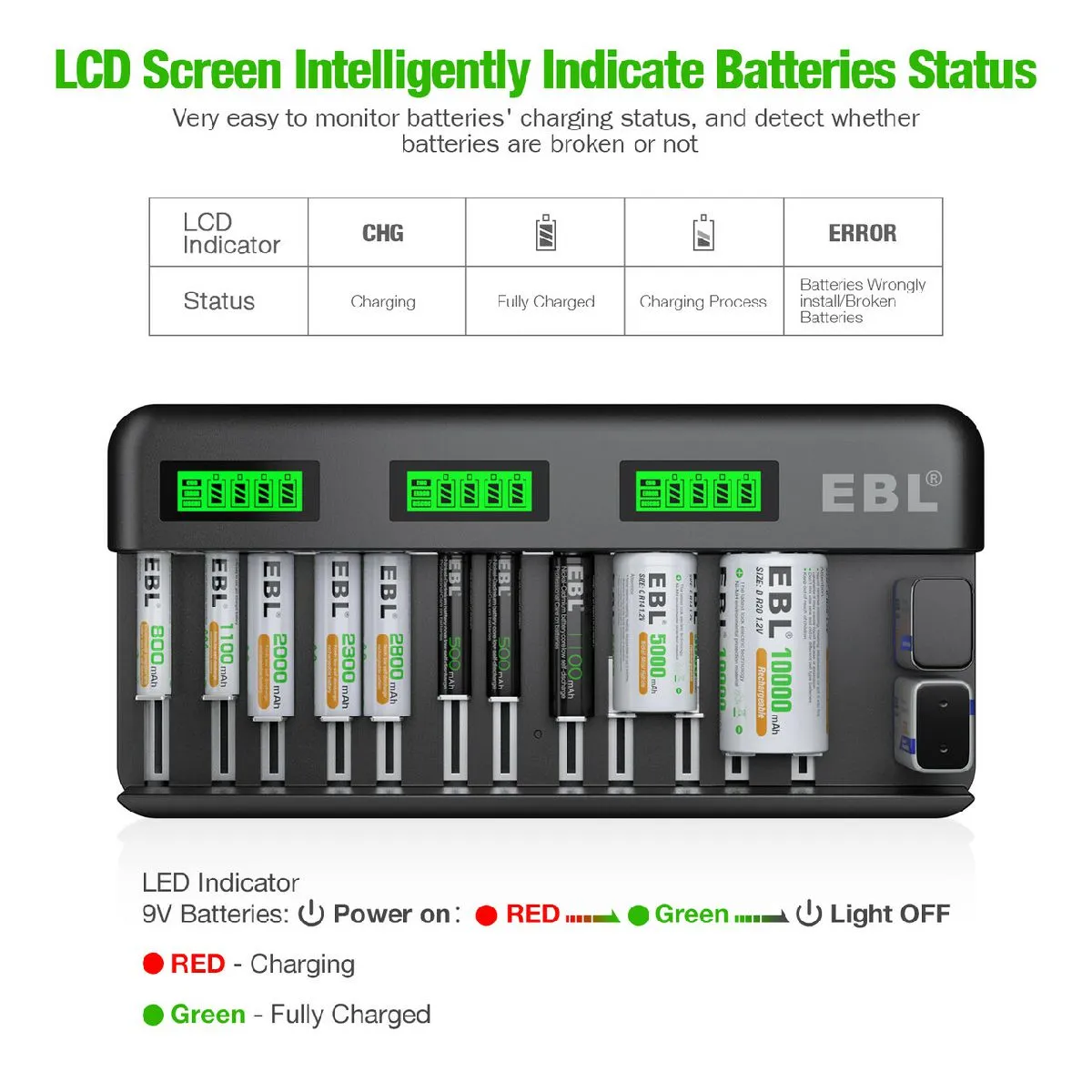 EBL 12 2 Bay Universal Battery Charger and AA AAA C D 9V Rechargeable Batteries