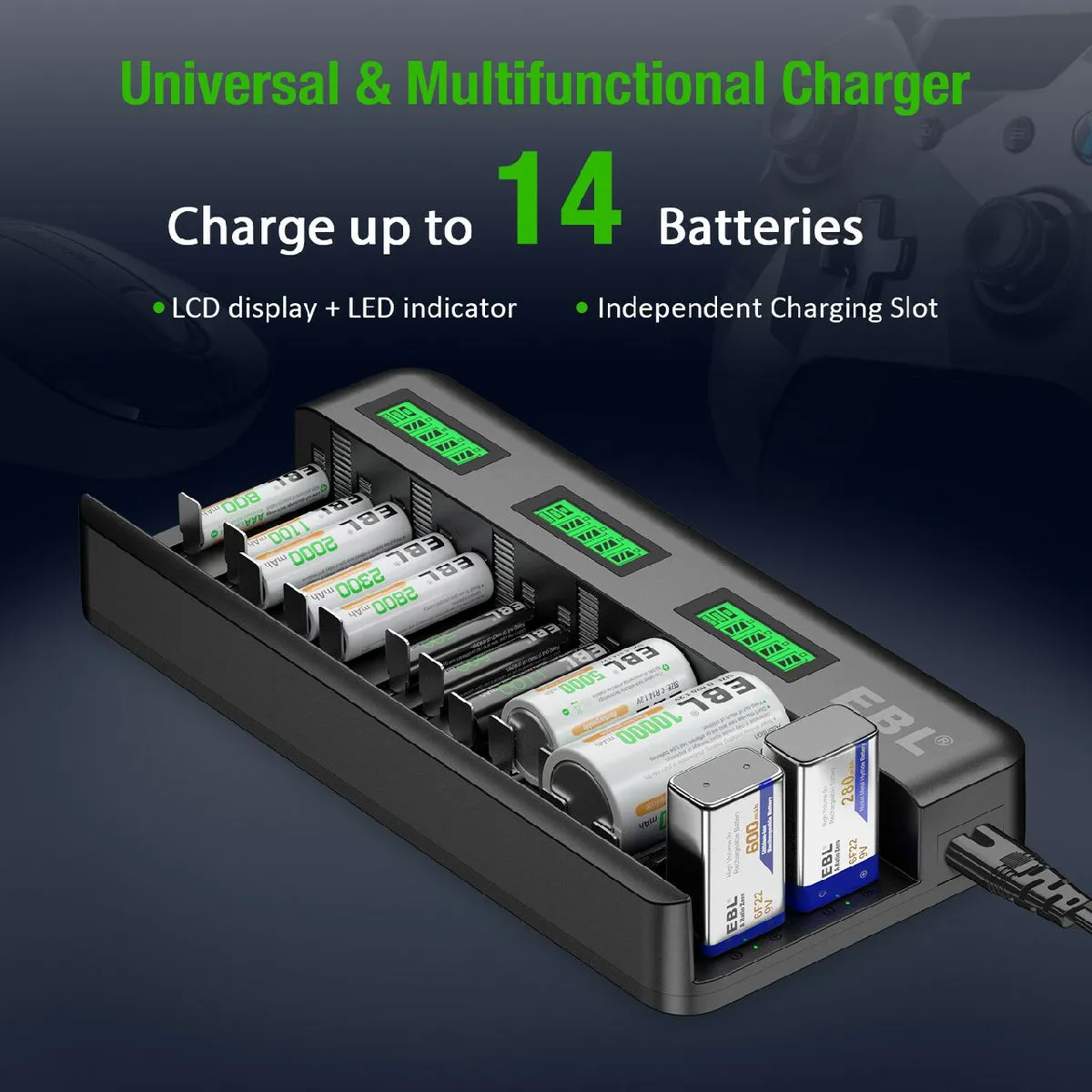 EBL 12 2 Bay Universal Battery Charger and AA AAA C D 9V Rechargeable Batteries