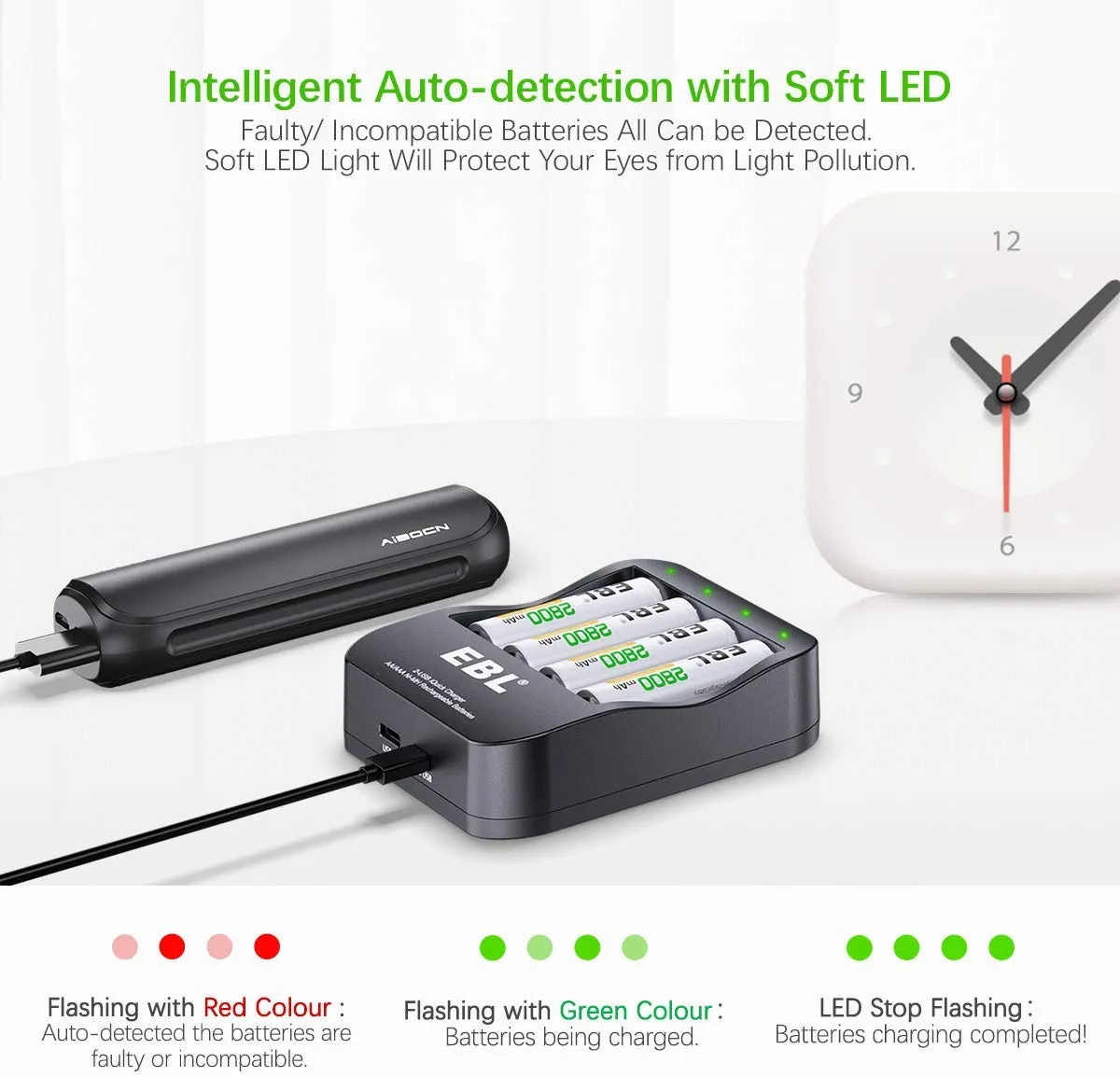 EBL LN-6201 4-Bay i-Quick Tech Smart Battery Charger with 2-Hour Fast Charging, USB-C and Micro USB Input, and Built-In LED Status Indicators for AA and AAA Ni-MH Batteries