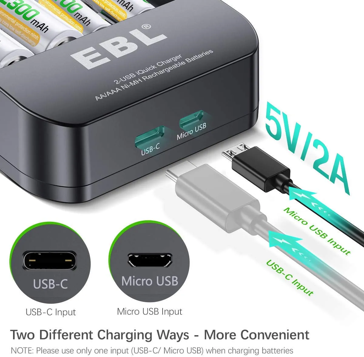 EBL LN-6201 4-Bay i-Quick Tech Smart Battery Charger with 2-Hour Fast Charging, USB-C and Micro USB Input, and Built-In LED Status Indicators for AA and AAA Ni-MH Batteries