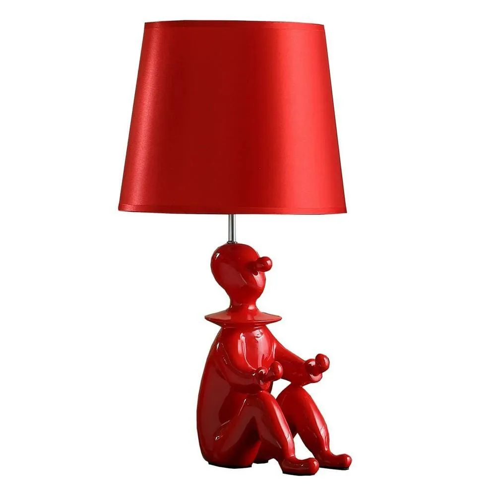 Fabric Shade Table Lamp with Polyresin Sitting Clown Base, Red By Casagear Home