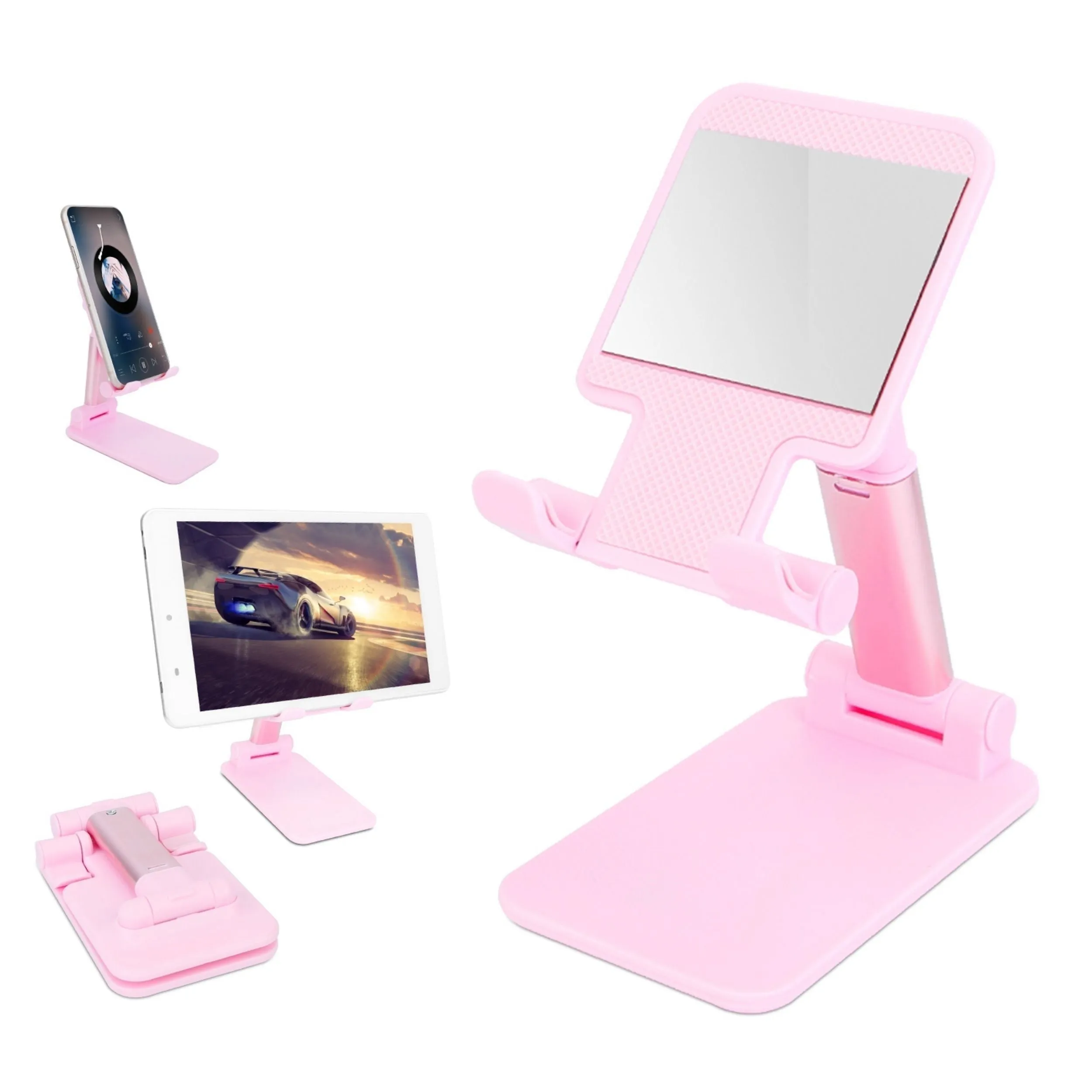 Foldable Phone Stand - Adjustable Angle & Height - Fits 4-12.9in Device - Tablet Holder Cradle Dock with Mirror