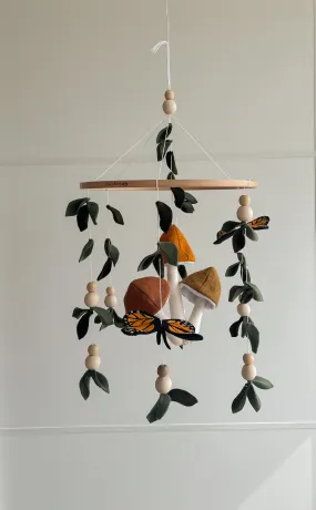 Forest style mobile with Monarch butterfly, Mushrooms and leaves