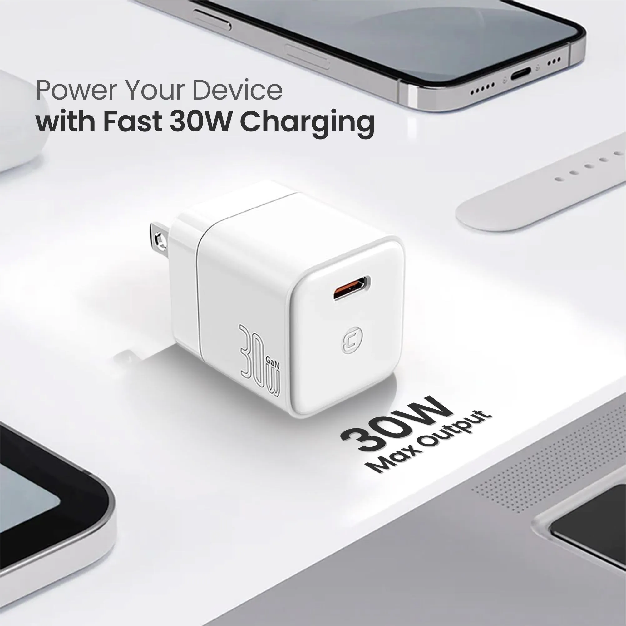 GaN 30W Wall Charger with 100W Type C to Type C Cable - White