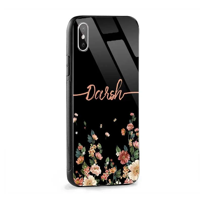 Glossy Protective Case With Black Floral Wave Name