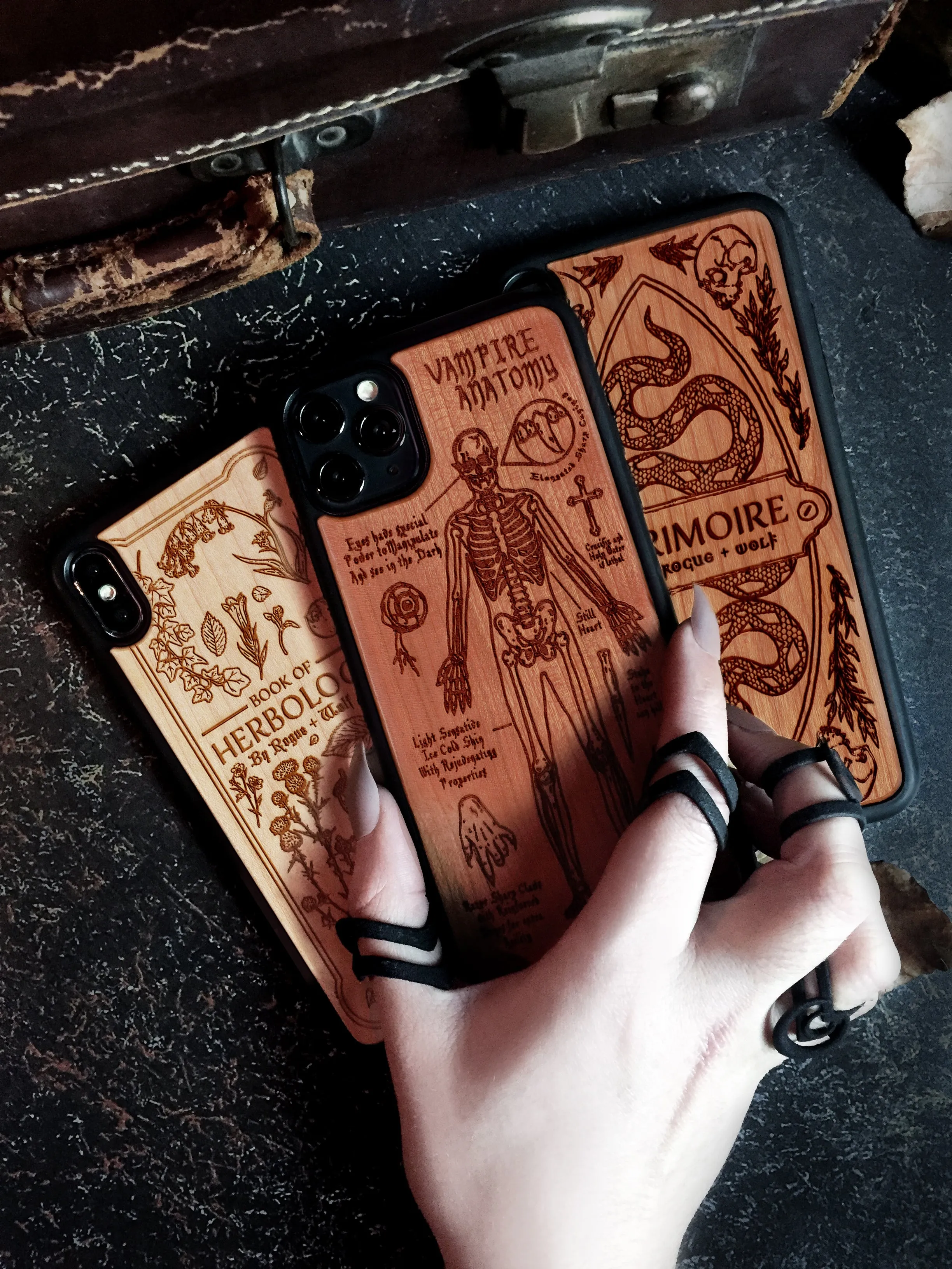 Grimoire - Engraved Cherry Wood Phone Case