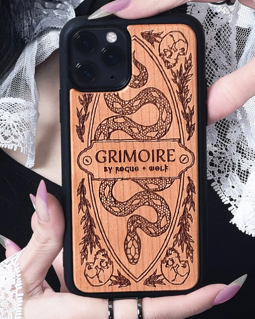 Grimoire - Engraved Cherry Wood Phone Case