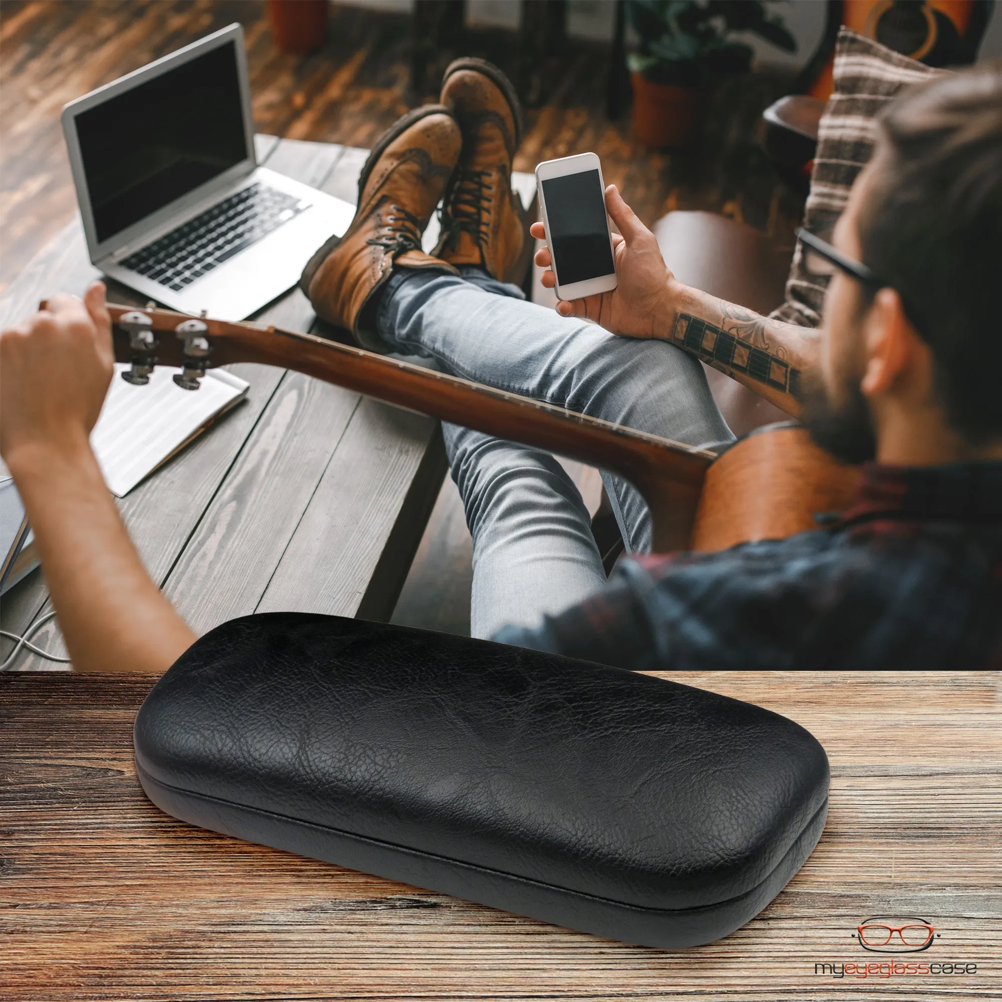 Hard Eyeglasses Case - Men glasses case with Cloth & Pouch - for Medium frames (AS126 Black)