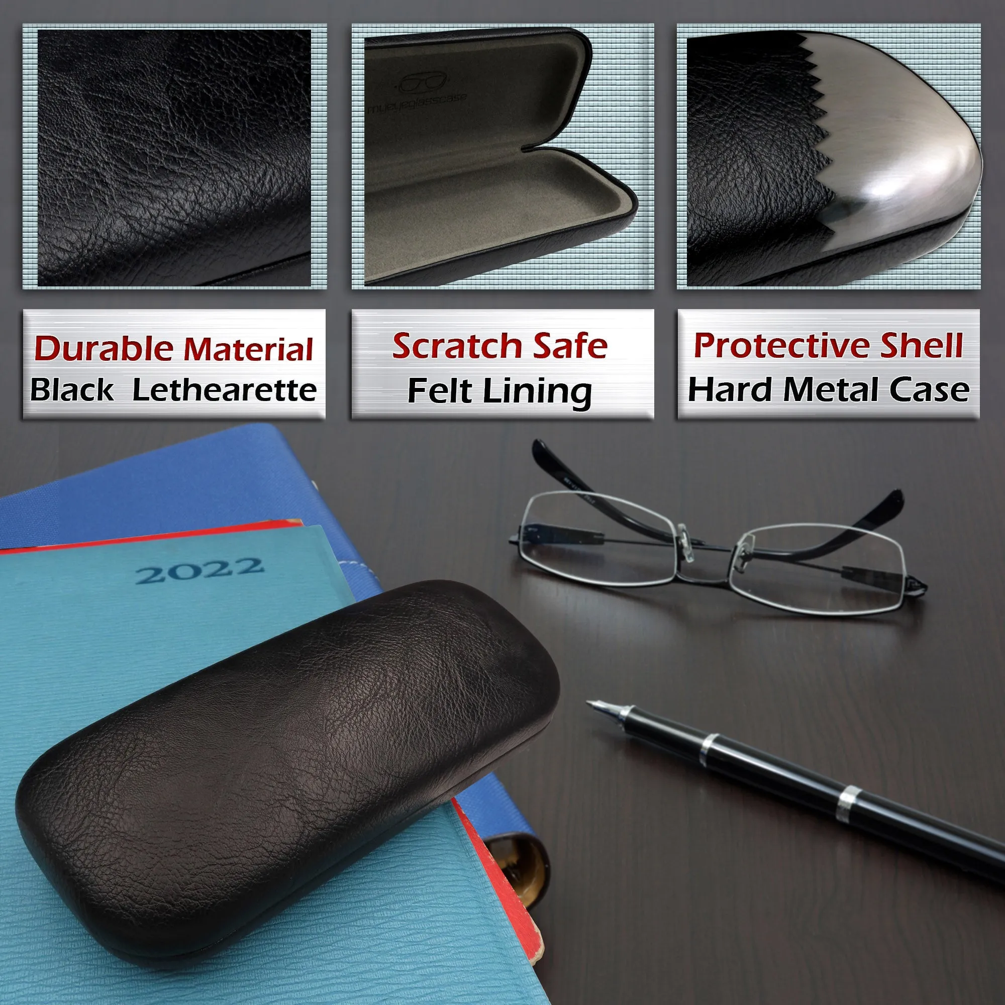 Hard Eyeglasses Case - Men glasses case with Cloth & Pouch - for Medium frames (AS126 Black)